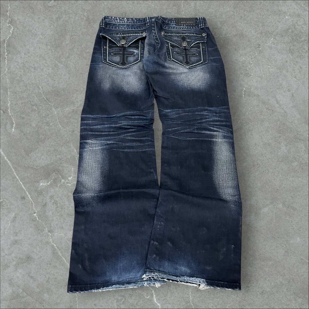 Affliction Men's Bootcut Jeans - Dark Indigo Blue with Faded Wash